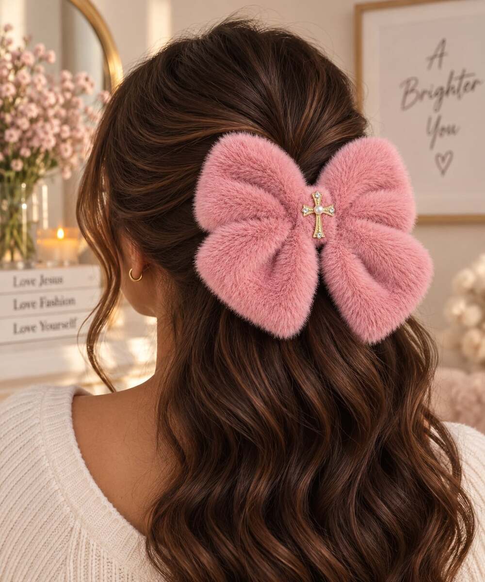 Pink Fuzzy Hair Bow Cross Charm Coquette Christian Hair Accessory